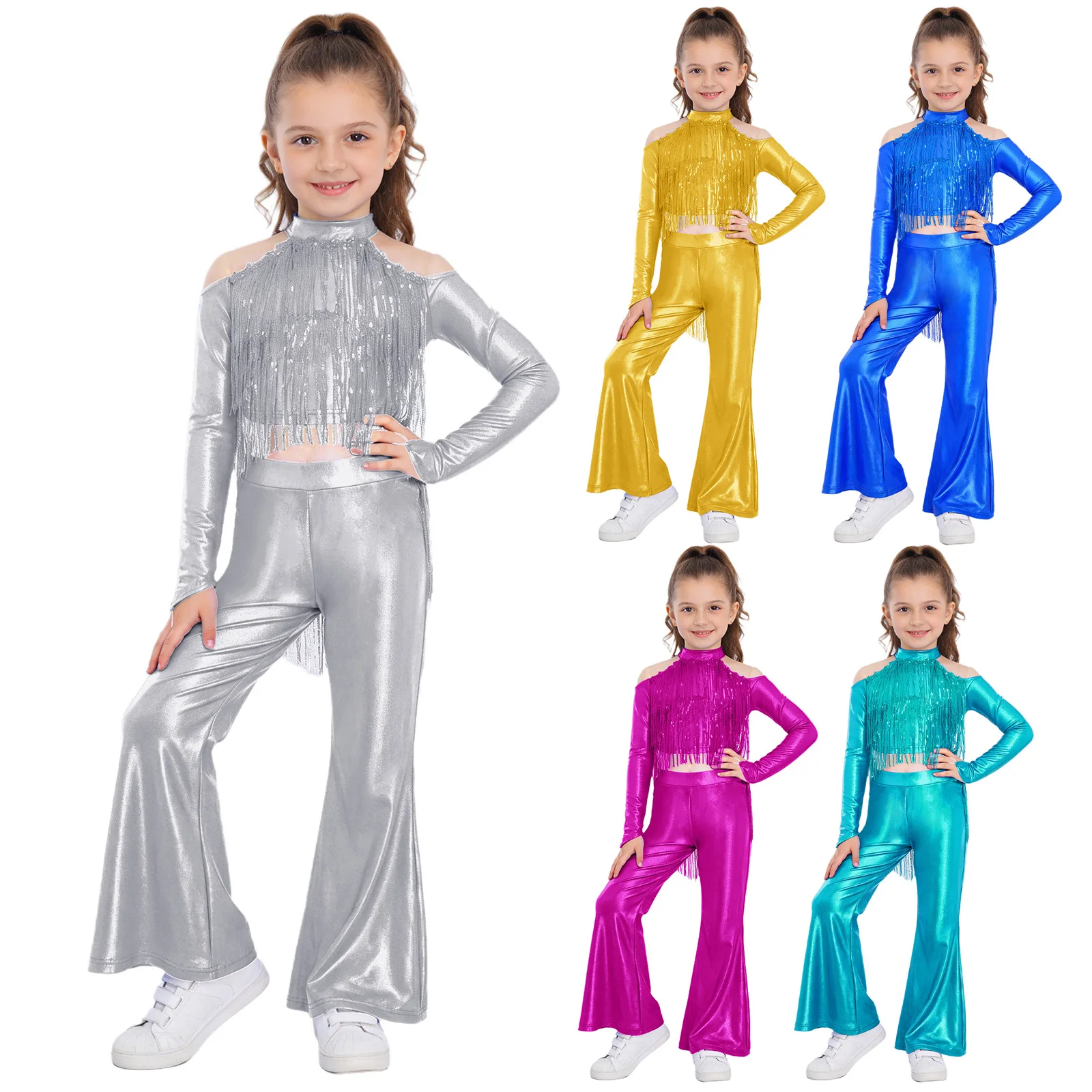 Traje de baile latino años 70 con lentejuelas y borlas para niña - imagen 4