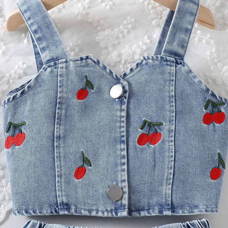 Ropa de verano vaquero cereza para bebé – Top azul falda - imagen 4