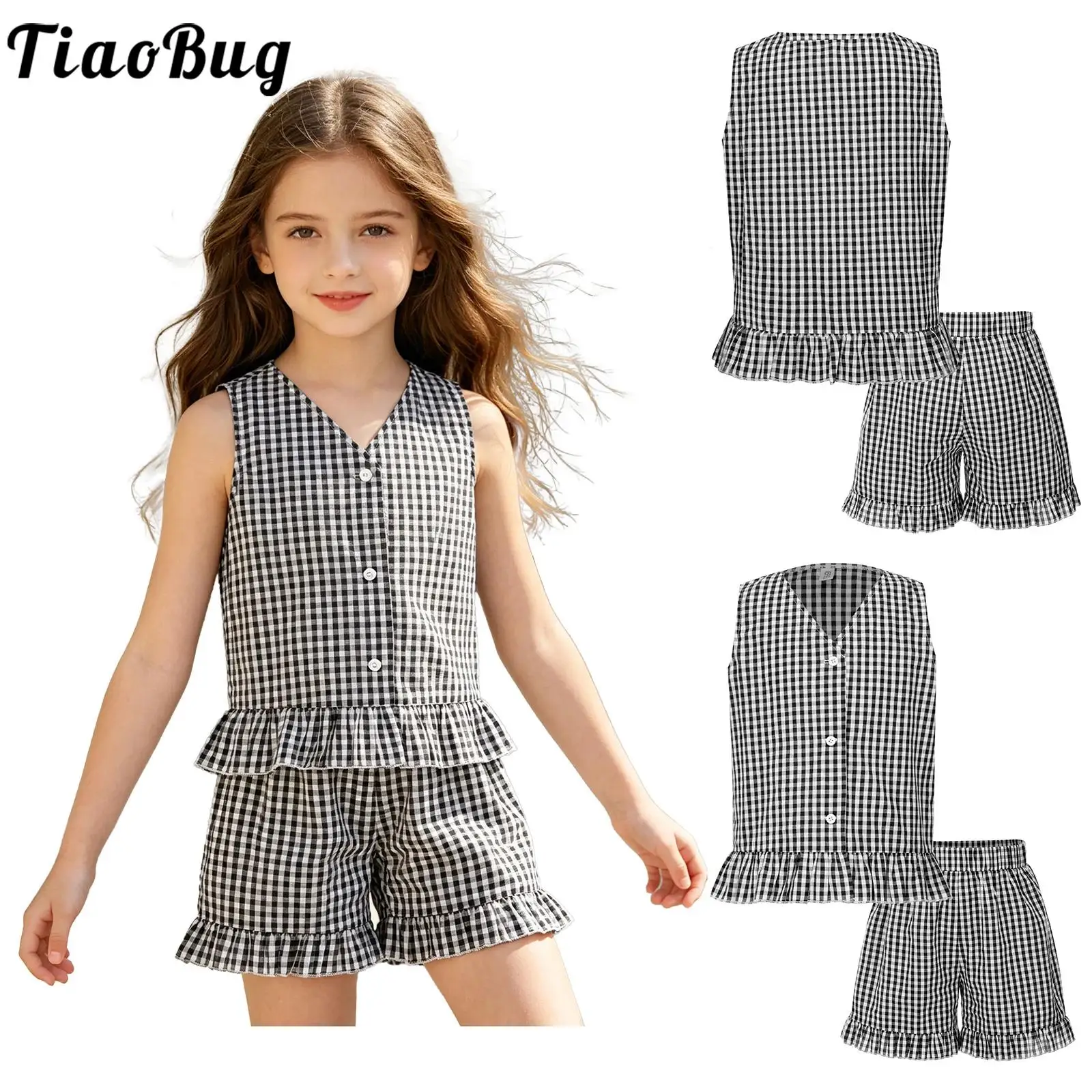 Conjunto de niña a cuadros verano con camisa sin mangas y bermudas - imagen 5