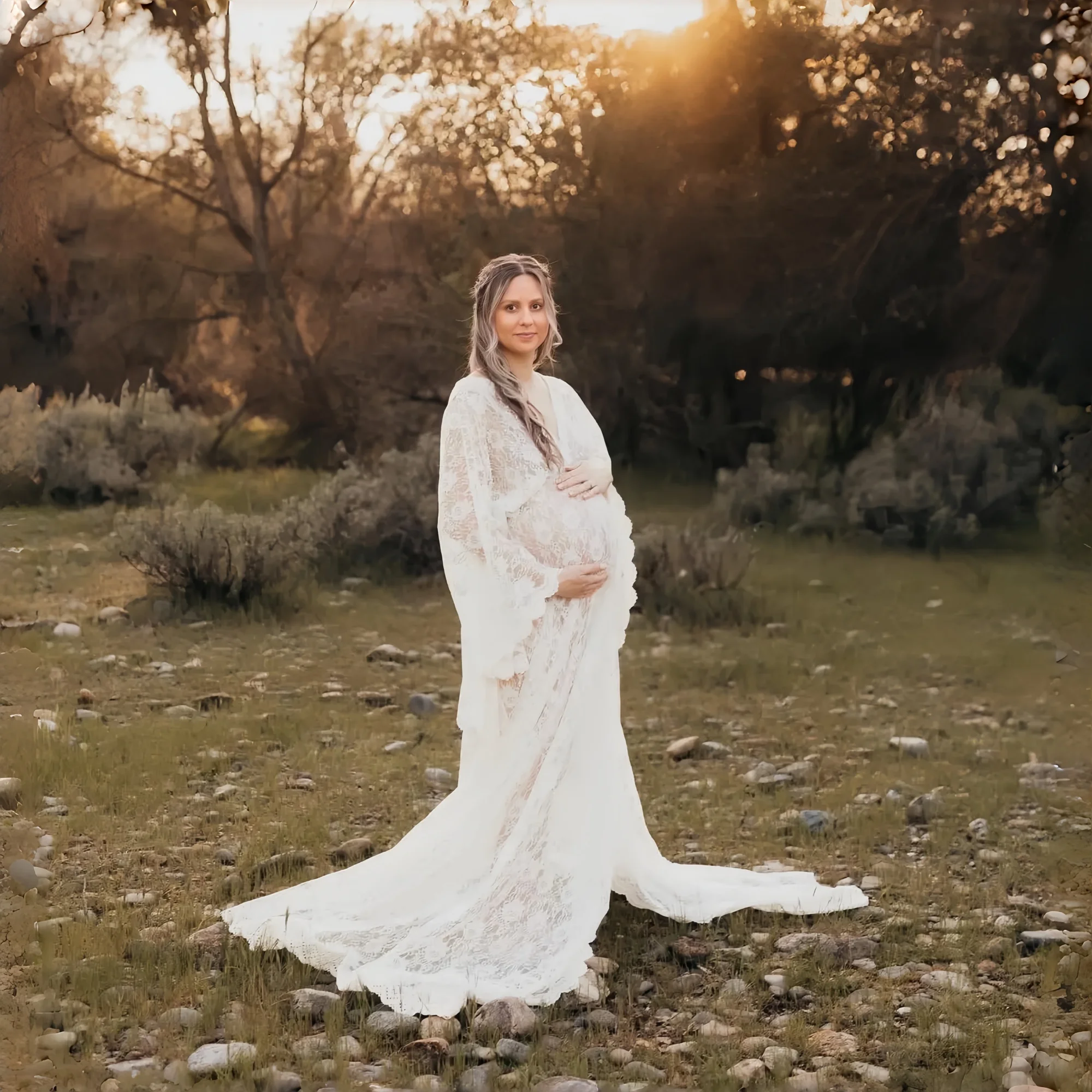 Vestido premamá largo de encaje blanco bohemio para fotos