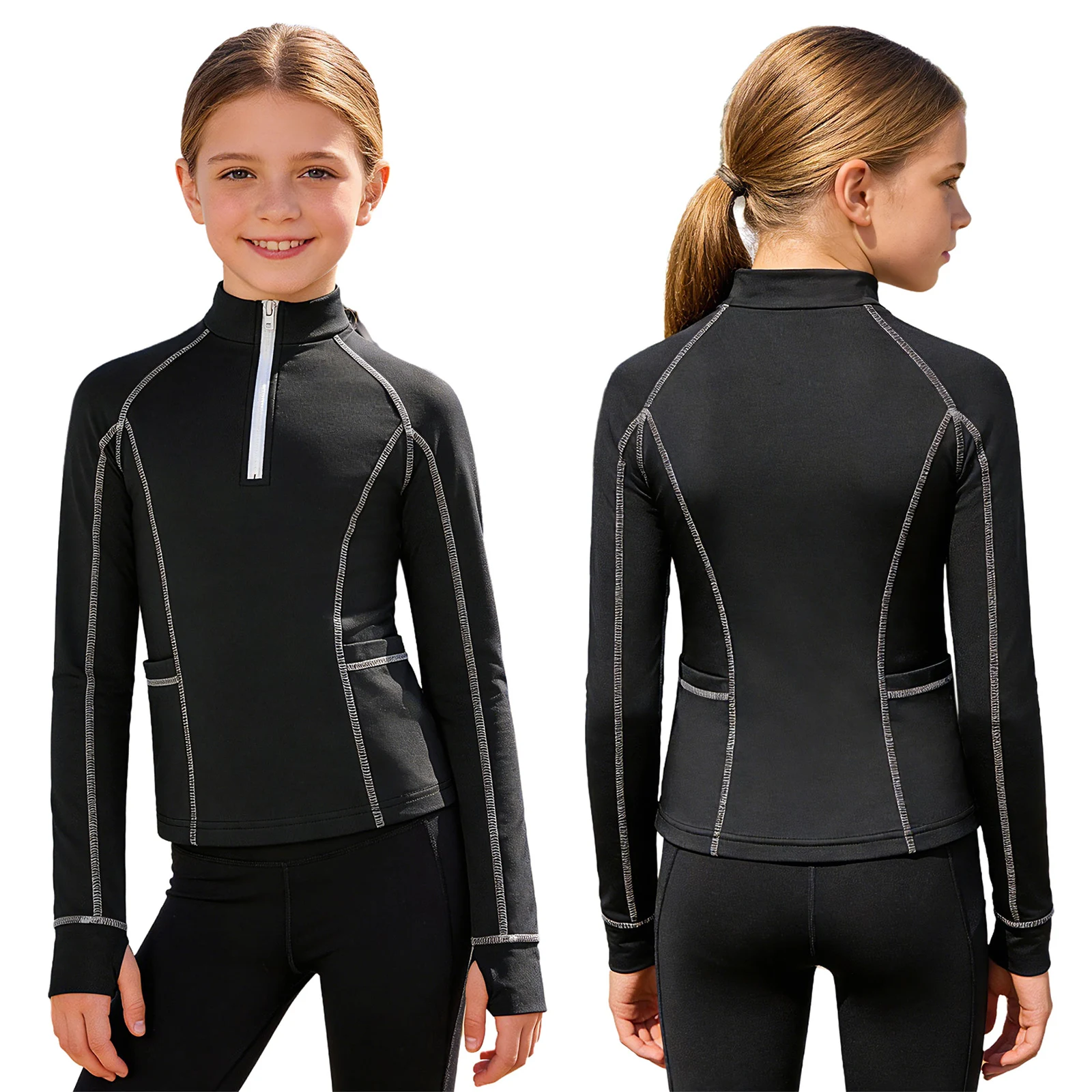 Camiseta manga larga niña media cremallera con bolsillos patinaje - imagen 4