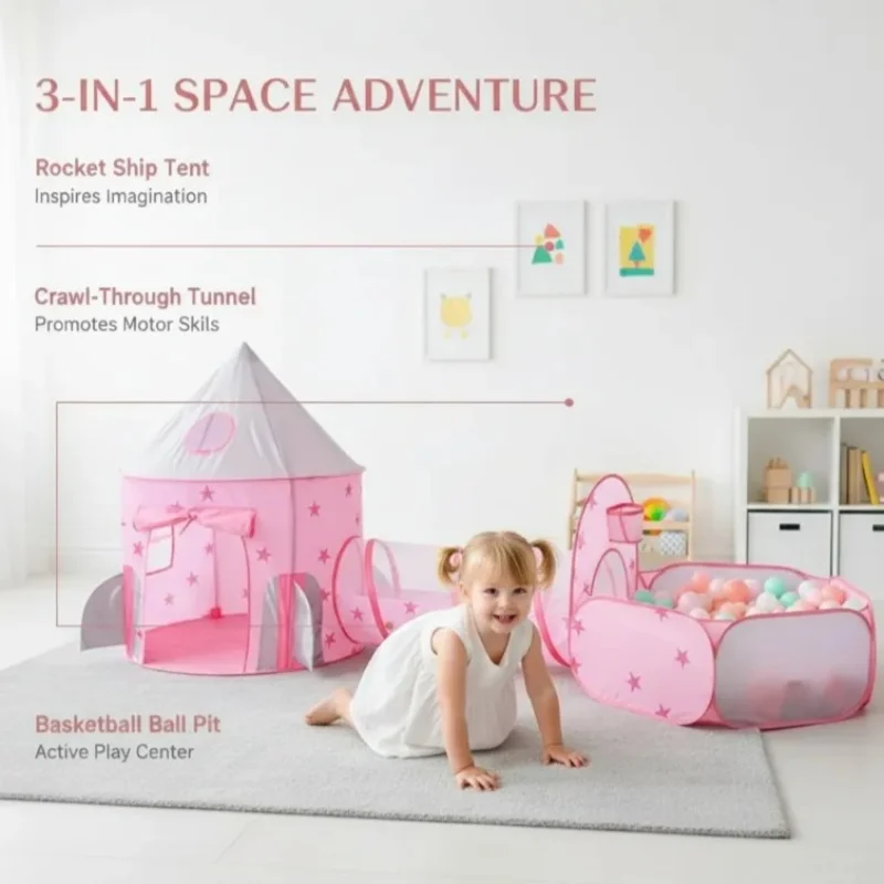 Tienda de campaña infantil rosa con túnel y zona de juego