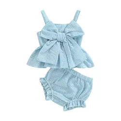Conjunto bebé niña de rayas con chaleco lazo y pantalón corto