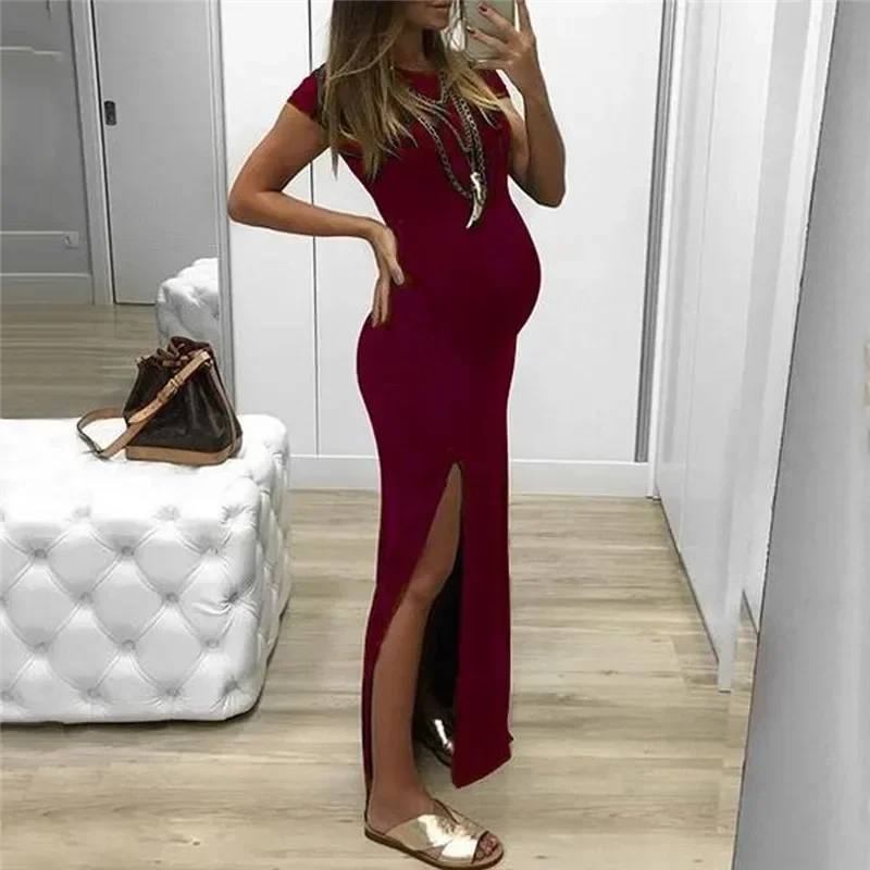 Vestido de maternidad largo entallado liso con cuello redondo - imagen 2