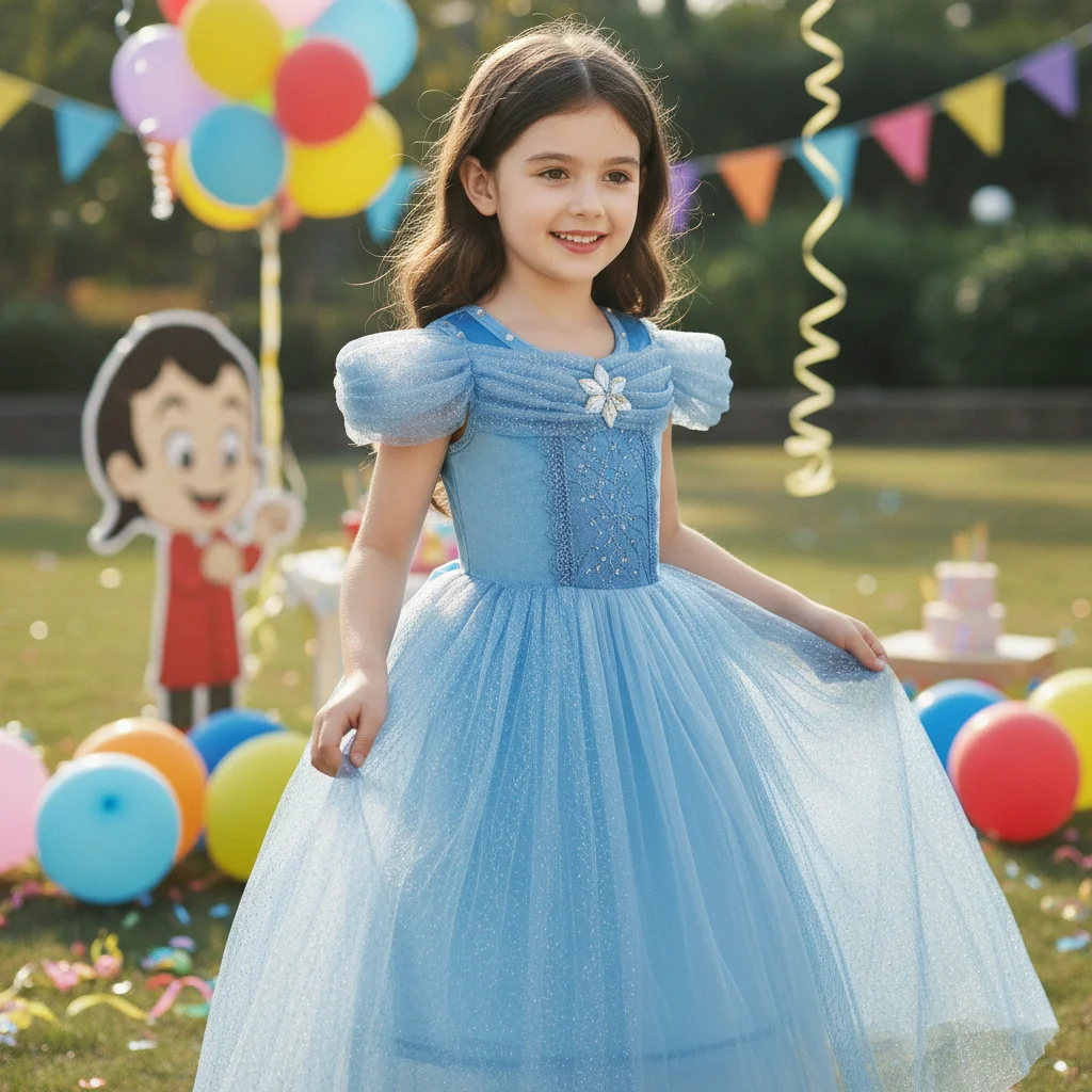 Disfraz princesa azul cielo con copos de nieve para niña