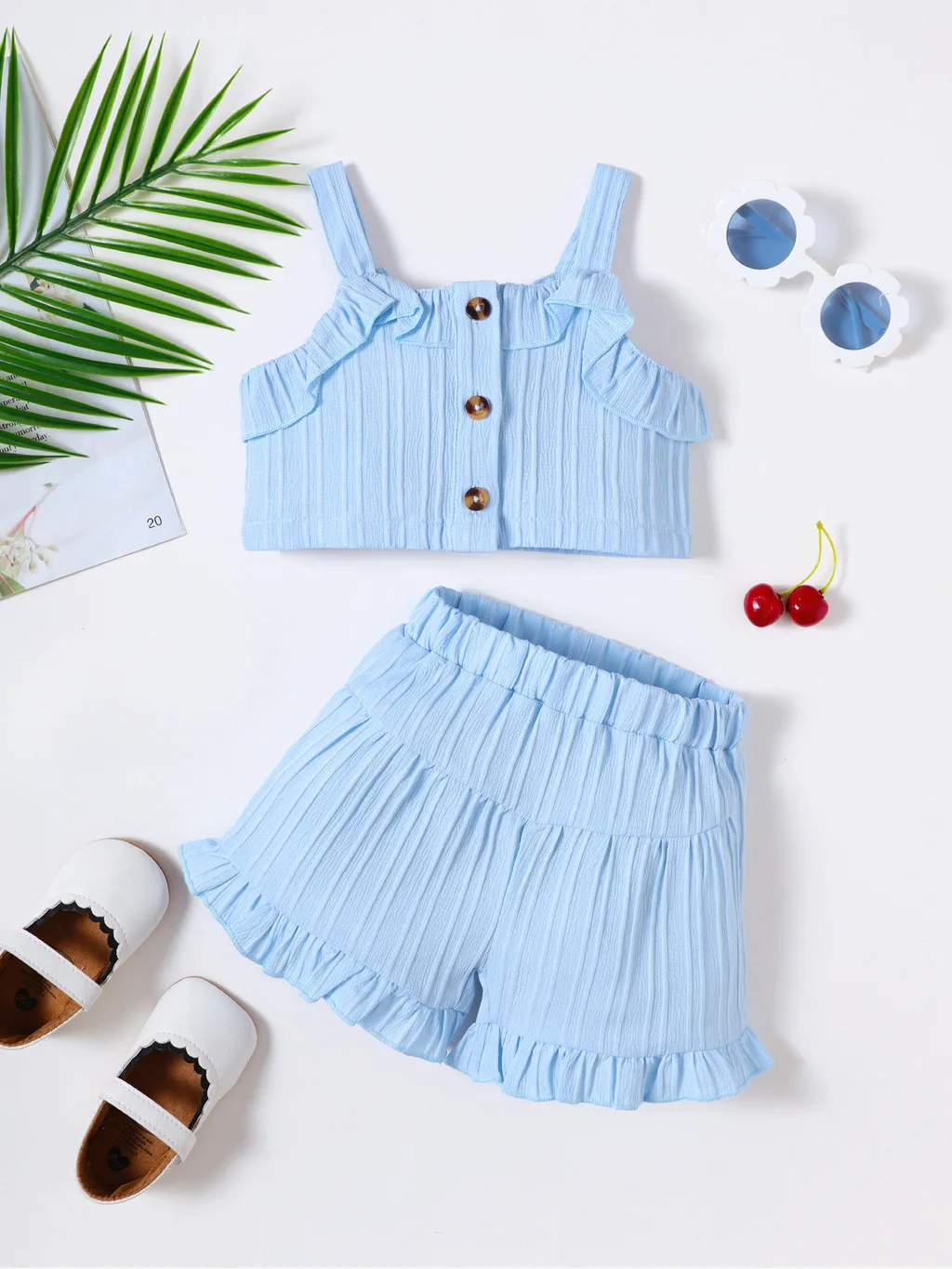 Conjunto azul claro de verano, top cami con volantes