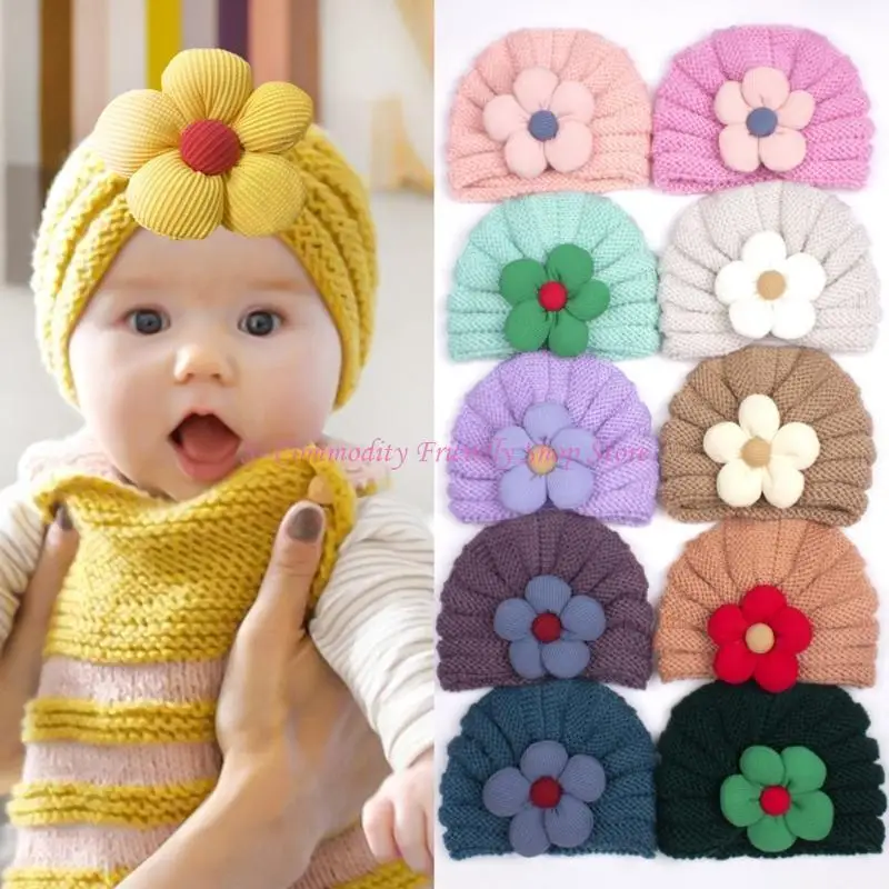 85AE Gorro de punto bebé cálido con flores, lana transpirable - imagen 2