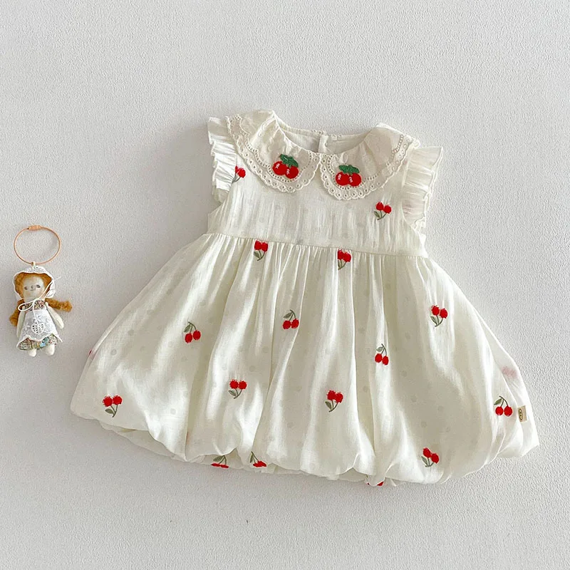 Vestido de verano para bebé sin mangas con encaje y cerezas - imagen 3