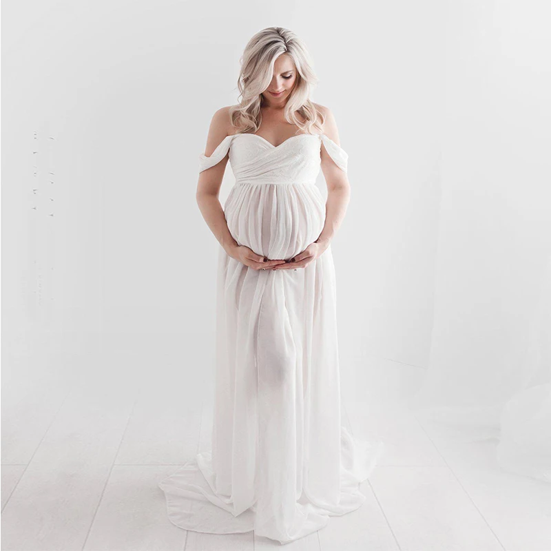Vestido maternidad encaje largo elegante hombros descubiertos - imagen 4