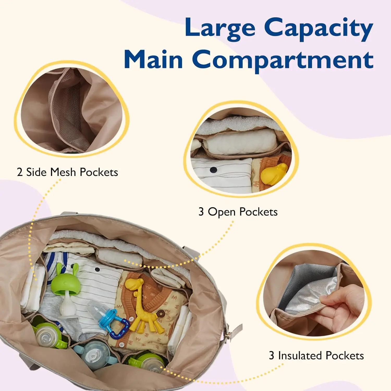 Bolsa de pañales movokbaby con compartimentos organization interior