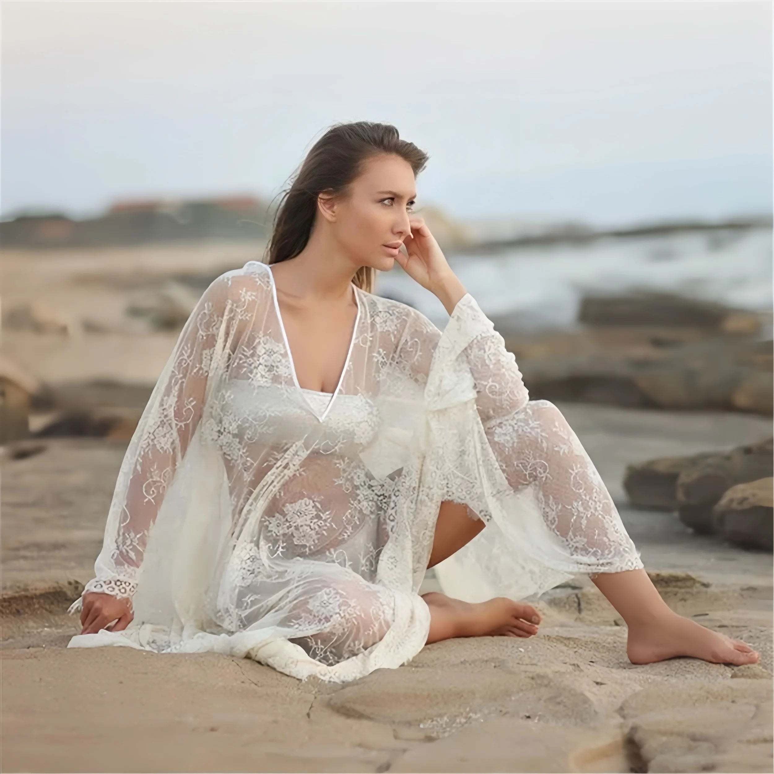 Vestido de maternidad con encaje y capa para sesión de fotos - imagen 2