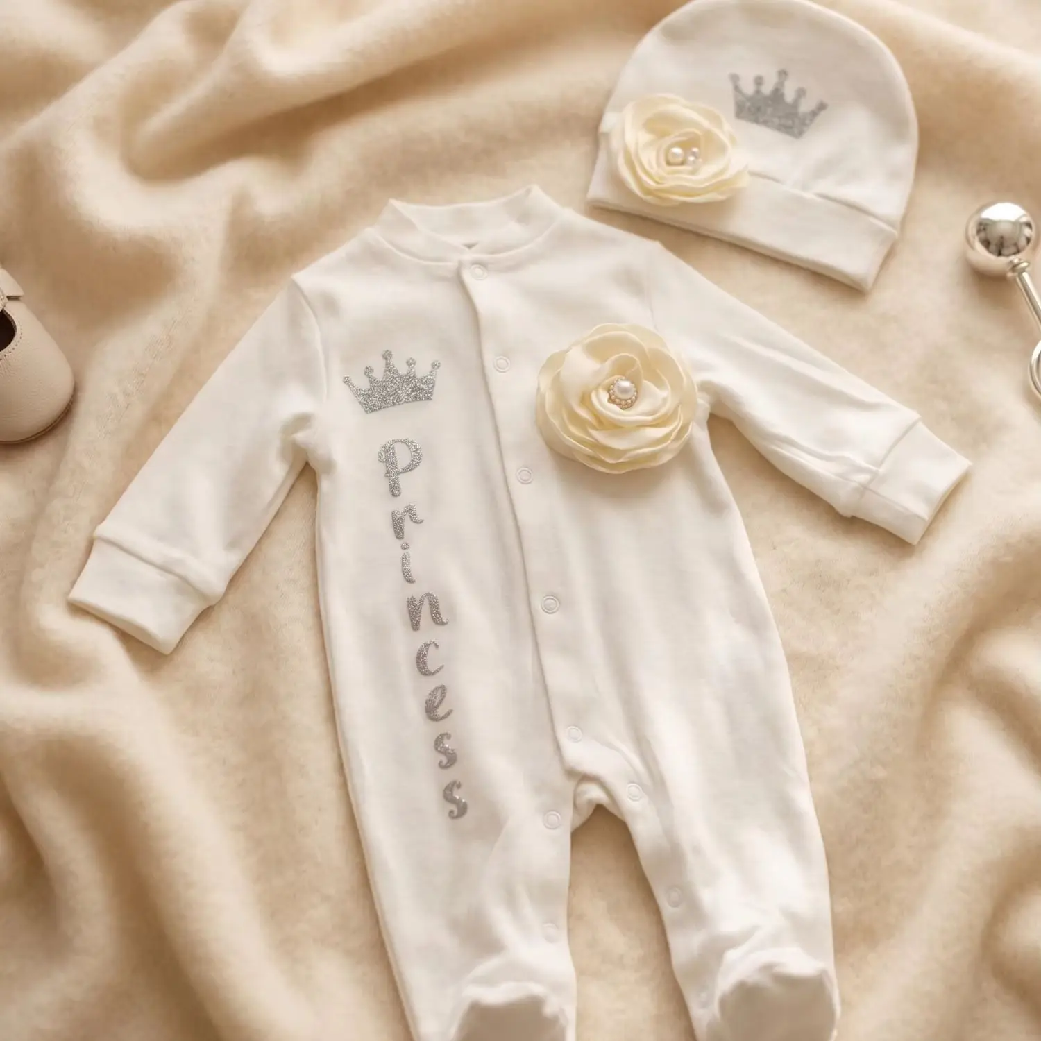 Conjunto de bautizo para bebé niña de algodón blanco con corona - imagen 3
