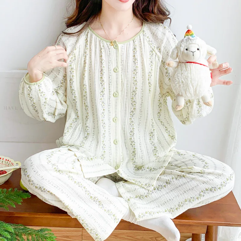 Pijama de lactancia de algodón puro con gasa floral doble capa