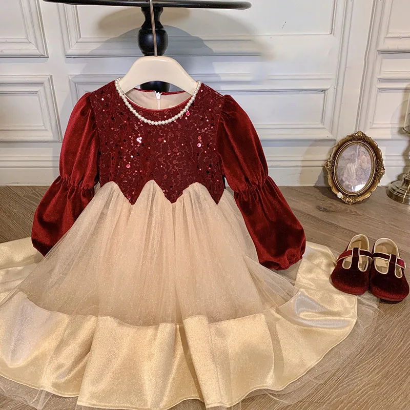 Vestido de terciopelo con lentejuelas y falda de tul para niña - imagen 4