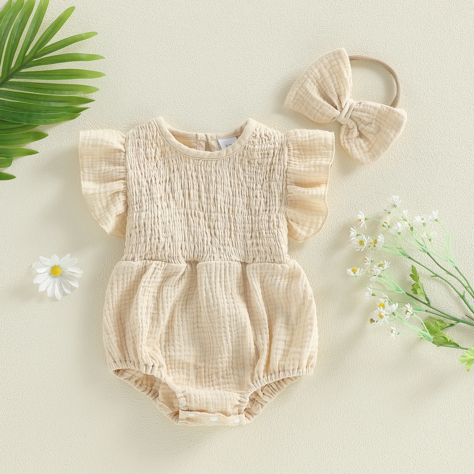 Tregren Conjunto de verano bebé niña con diadema y mameluco