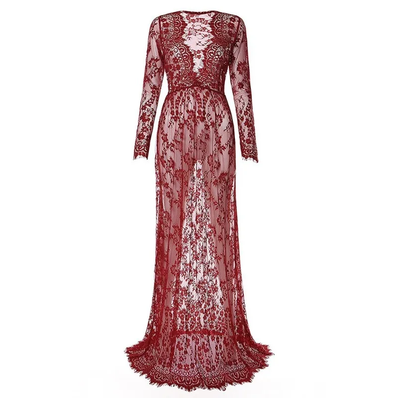 Vestido maxi vintage con encaje y cuello en V profundo - imagen 5