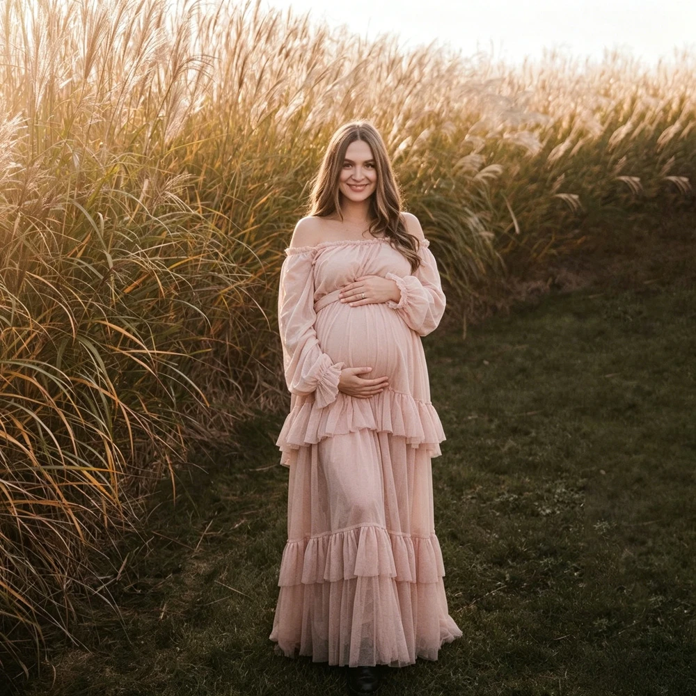 Vestido de maternidad con hombros descubiertos, fotos y volantes - imagen 4