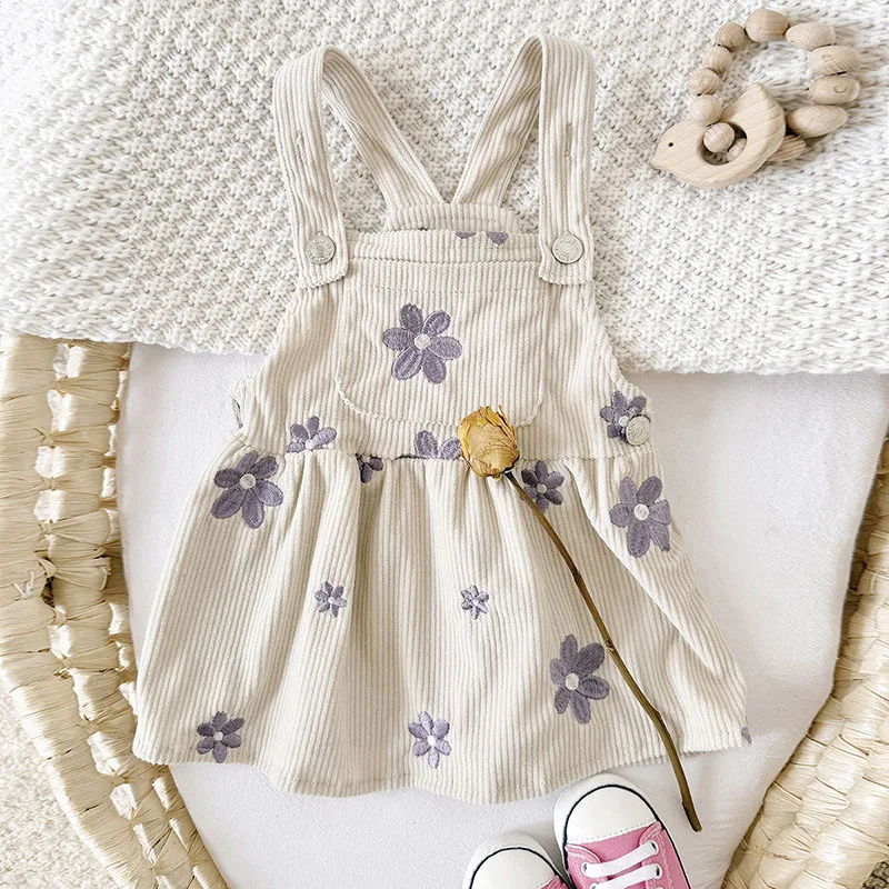 MILANCEL vestido de bebé de otoño con bordado floral morado tirantes - imagen 3