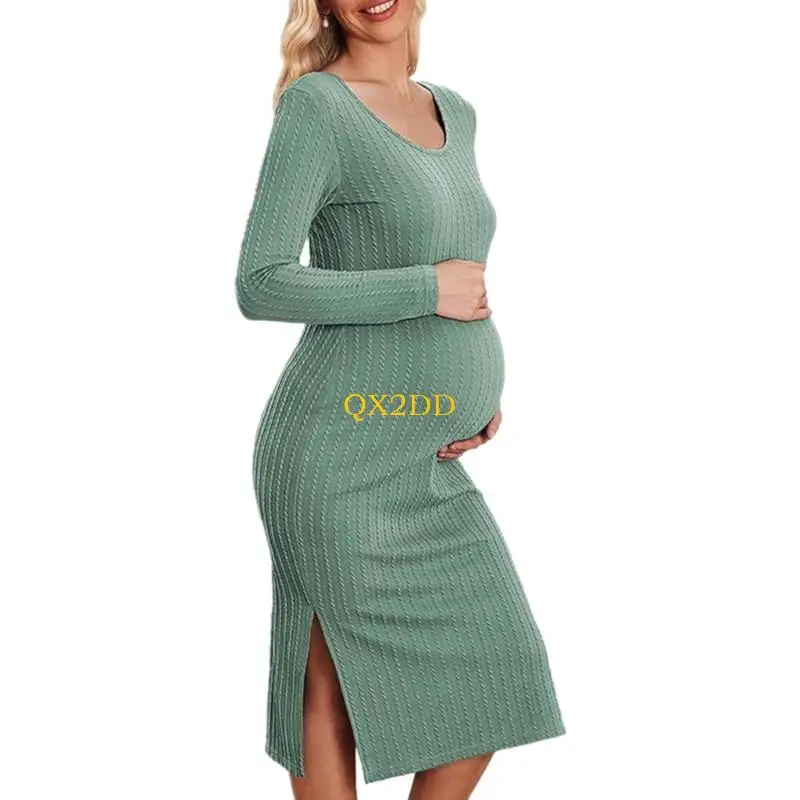 QX2D Vestido premamá acanalado elástico con cintura ajustable