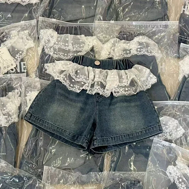 Pantalones cortos vaqueros de mezclilla con encaje para niña infantil - imagen 5