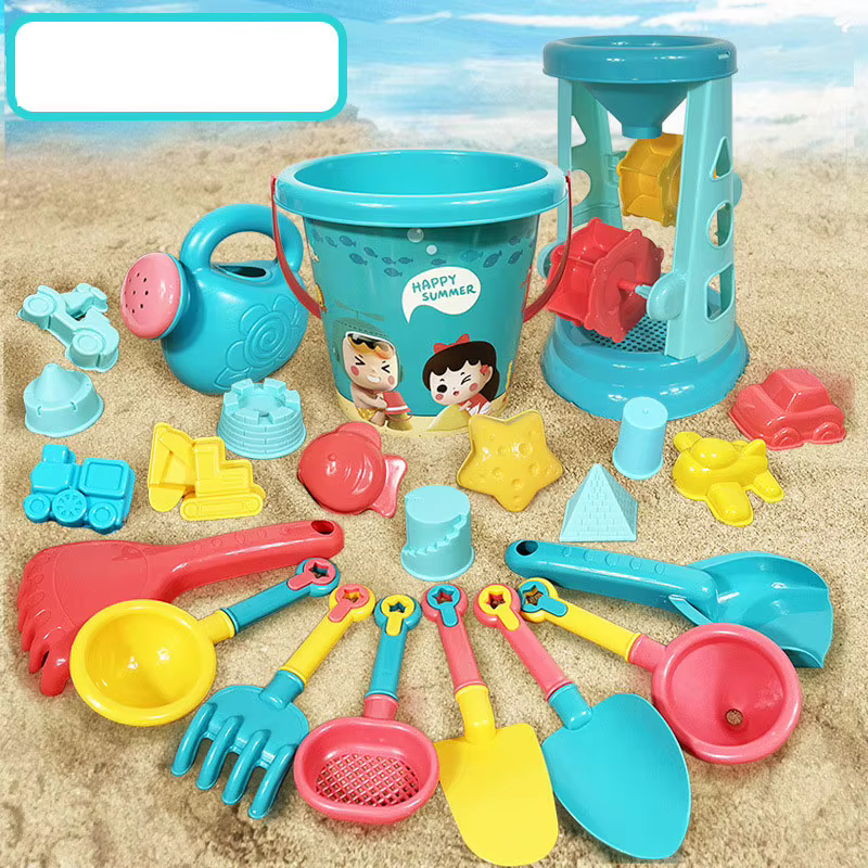 Juguetes de playa para niños: cubo, pala y herramientas arena suave