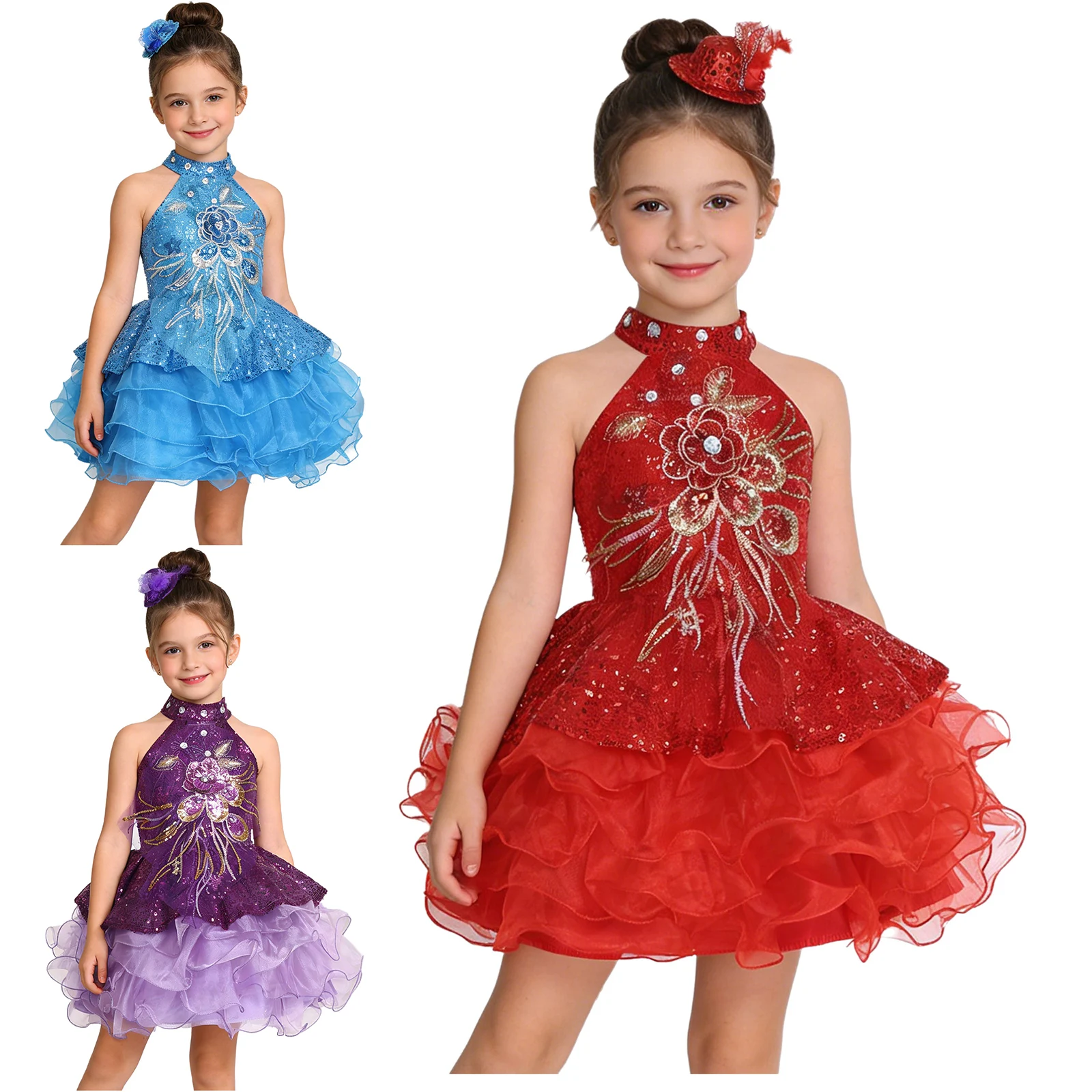 Detalle de apliques y volantes en capas del vestido infantil