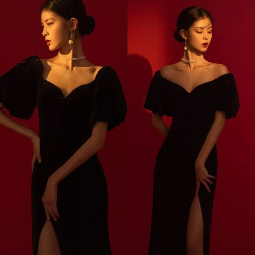 Vestido de embarazo negro elástico maxi con abertura lateral Siamese - imagen 4