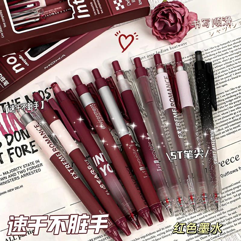 Bolígrafos Kawaii burdeos de gel retro con tinta negra para colegio - imagen 2