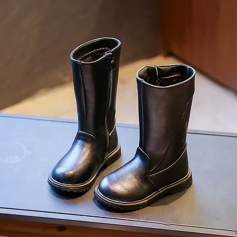 Botas altas de cuero PU negro para niñas y niños de invierno - imagen 3