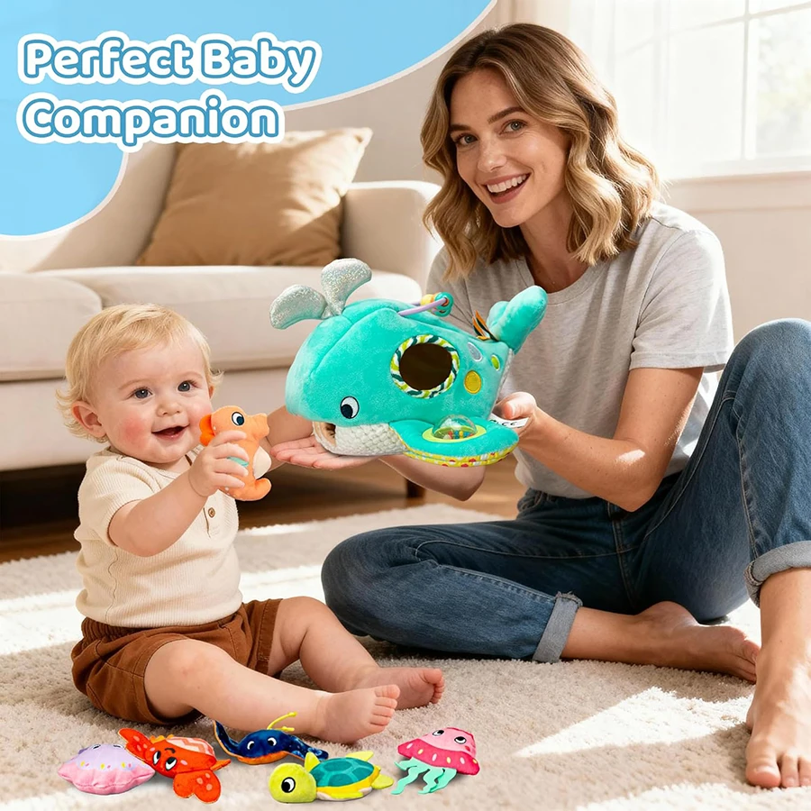 Peluche ballena sensorial Ocean Friends con sonajero y chirriador