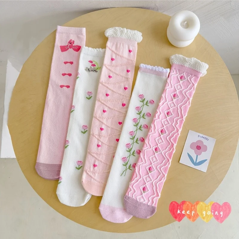Calcetines largos de algodón para niñas con estampado floral estilo princesa - imagen 5