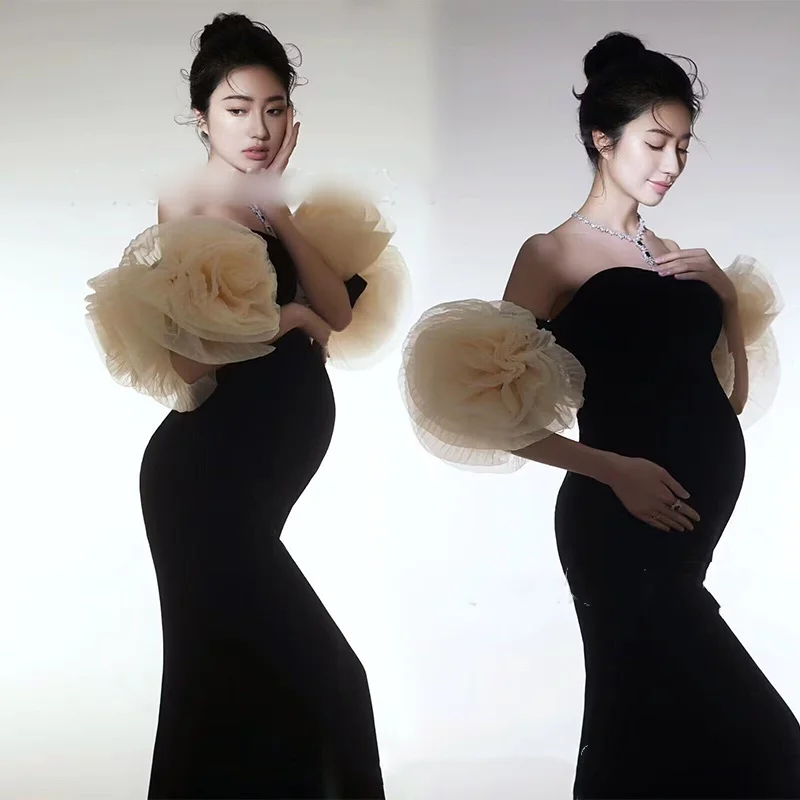 Vestido de maternidad negro elegante con mangas florales - imagen 4
