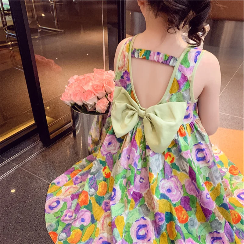 Vestido de verano floral para niñas con lazo y falda sin mangas - imagen 5