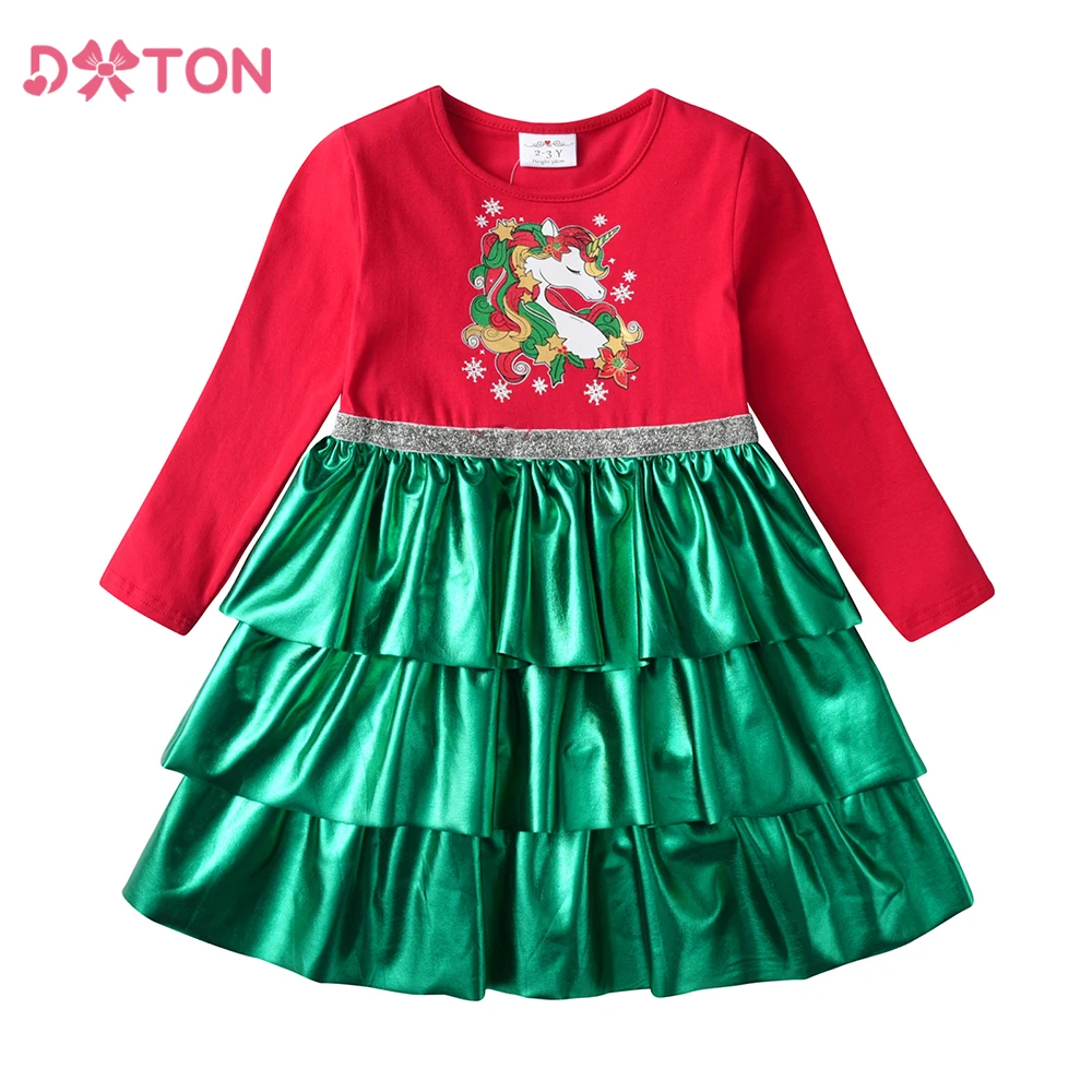Vestido de Navidad infantil DXTON unicornio patchwork verde invierno - imagen 2