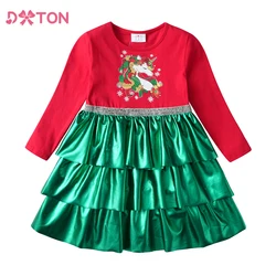 Vestido de Navidad infantil DXTON unicornio patchwork verde invierno