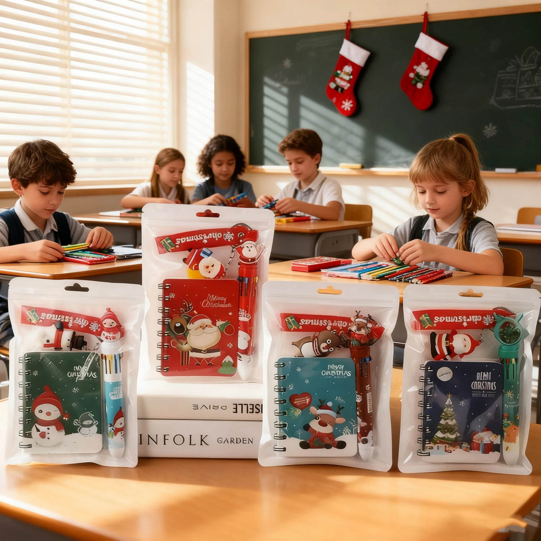 Cuaderno y bolígrafo en un paquete temático navideño