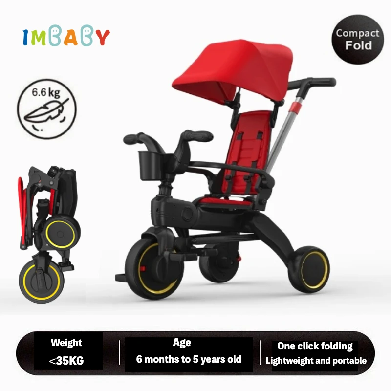 Triciclo infantil IMBABY con toldo ajustable y mango de empuje