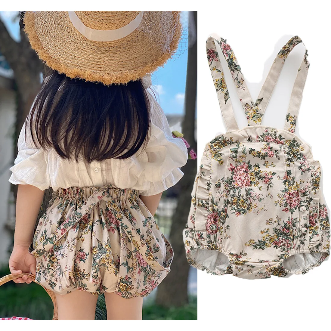 Mono de niña vintage floral con tirantes – estilo retro