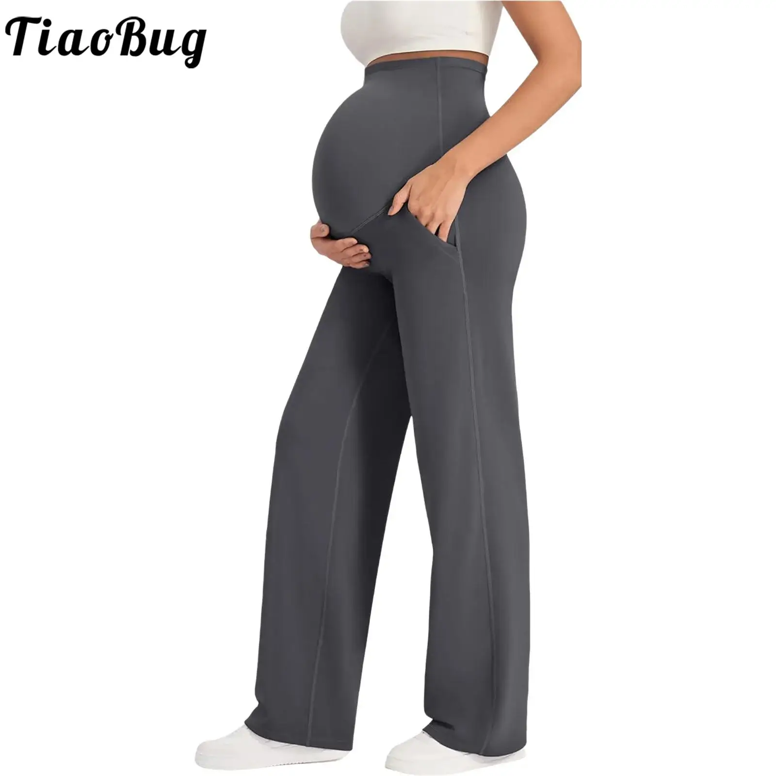 Pantalones premamá de yoga con cintura elástica y bolsillos - imagen 2