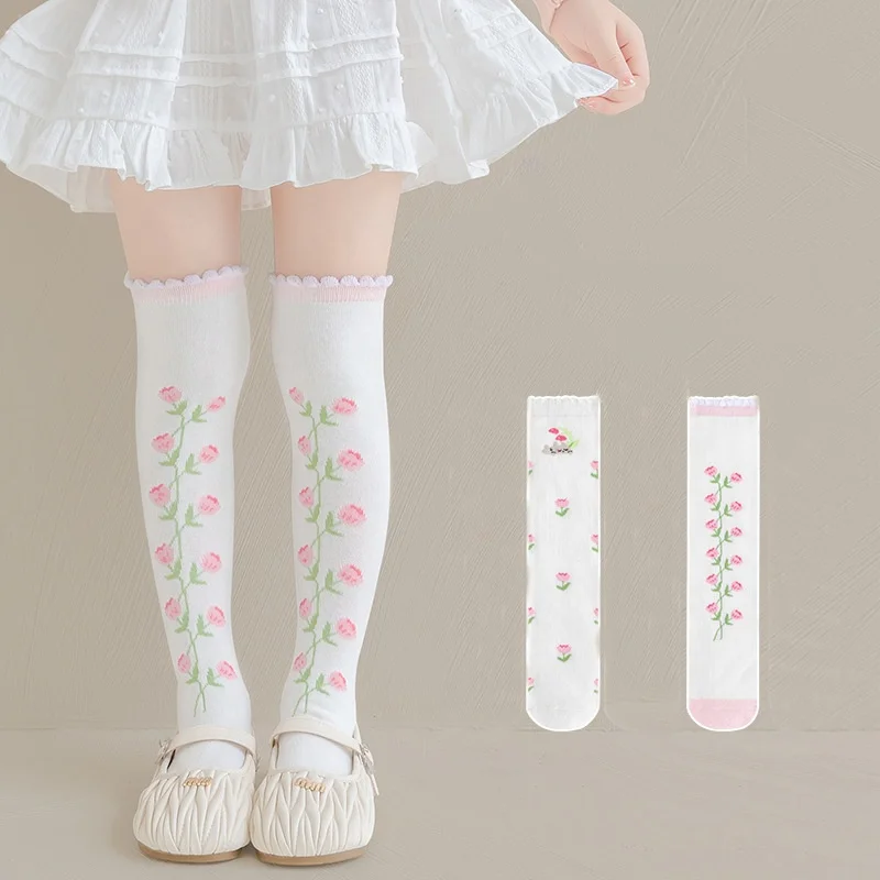 Calcetines largos de algodón para niñas con estampado floral estilo princesa