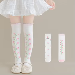 Calcetines largos de algodón para niñas con estampado floral estilo princesa