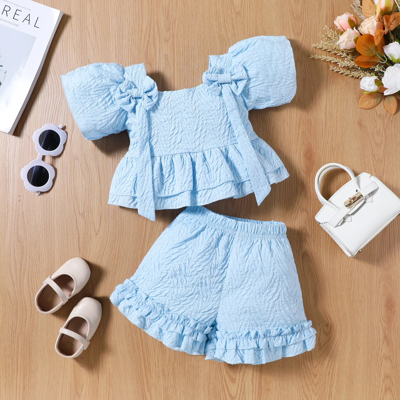 Conjunto de verano niñas – Camiseta algodón y pantalón corto con lazo - imagen 4