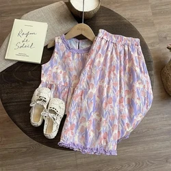 Conjunto de verano niña floral rosa top sin mangas y pantalón largo