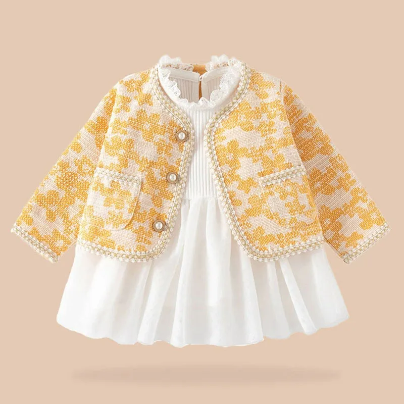 Conjunto abrigo floral y vestido de malla para niña primavera otoño
