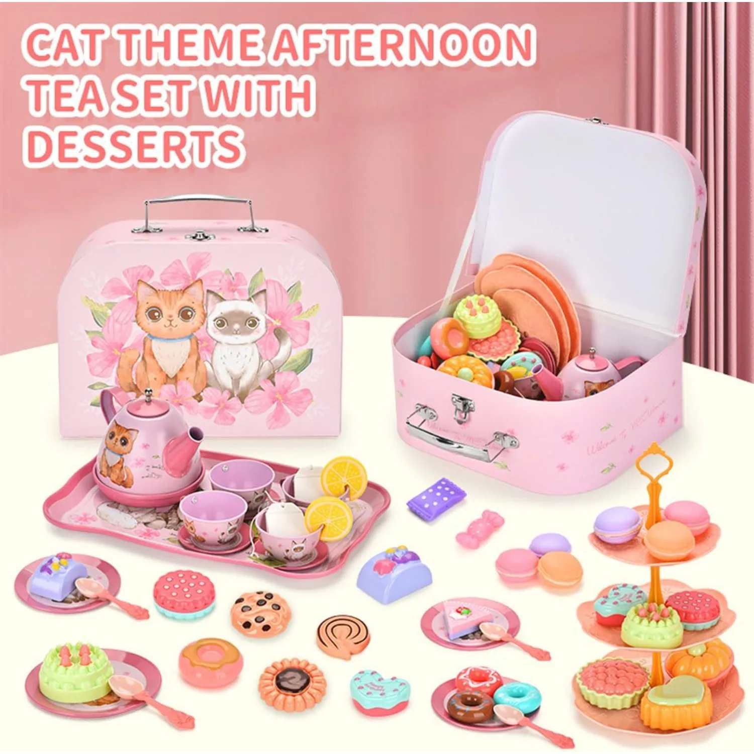 Juego de té infantil con gato, princesa y vajilla en colores - imagen 4