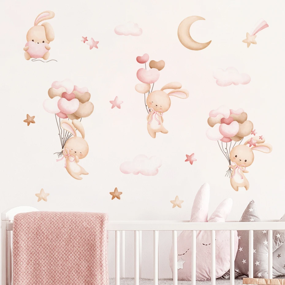 Pegatinas rosas con conejito, Luna, nubes y estrellas
