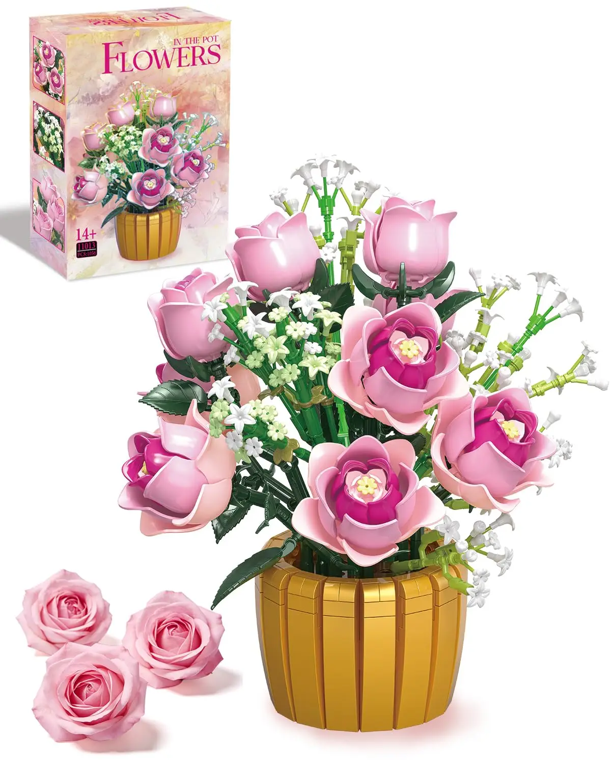 Bloques de construcción maceta con rosas rosadas – Adorno de escritorio