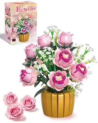 Bloques de construcción maceta con rosas rosadas – Adorno de escritorio