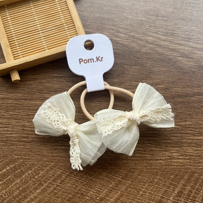 Coleteros elásticos para niñas con lazo de encaje floral beige - imagen 4
