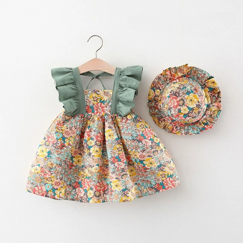 Vestido de algodón floral de verano para niña con sombrero - imagen 3